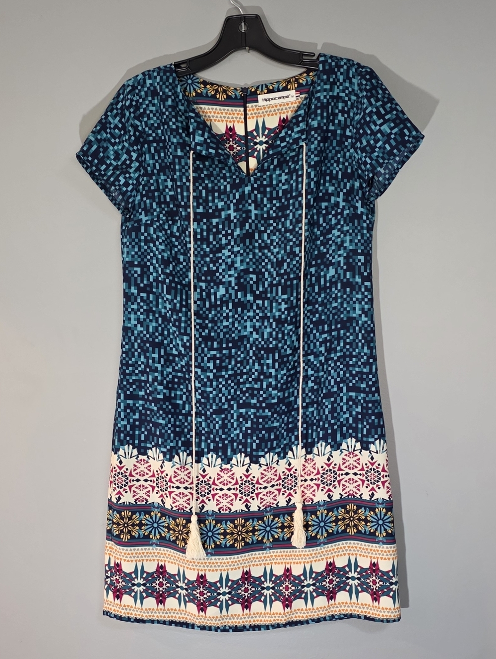 Blue Mosaic-Print Mini Dress with Tassel Tie